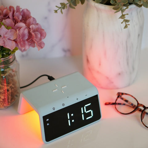 PowerTrio Dual-Mode Digital Alarm Clock with Wireless Charger and 9-Mode LED Light