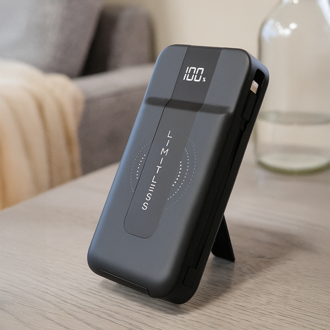 Elite 15,000mAh Power Bank with Wall Plug, Built-In Cables, Digital Display & Wireless Charging