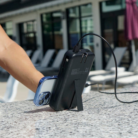 Elite 15,000mAh Power Bank with Wall Plug, Built-In Cables, Digital Display & Wireless Charging