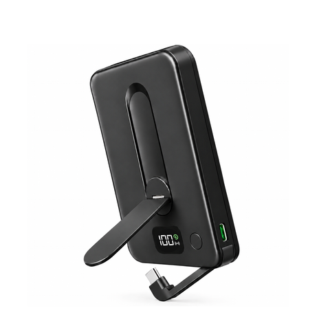 Ultra Slim 5,000mAh Magnetic Wireless Power Bank with Built-In USB-C Cable, Lightning® Adapter, 360° Kickstand & Digital Display