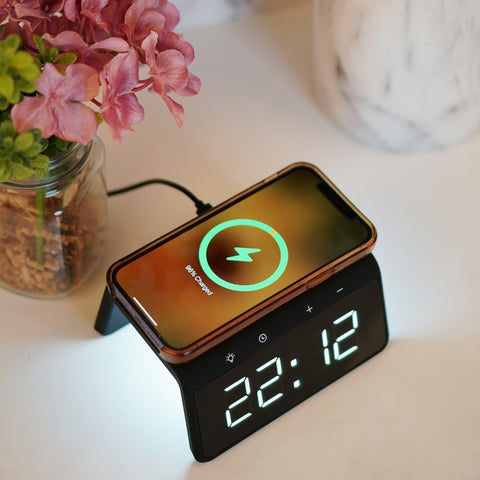 PowerTrio Dual-Mode Digital Alarm Clock with Wireless Charger and 9-Mode LED Light