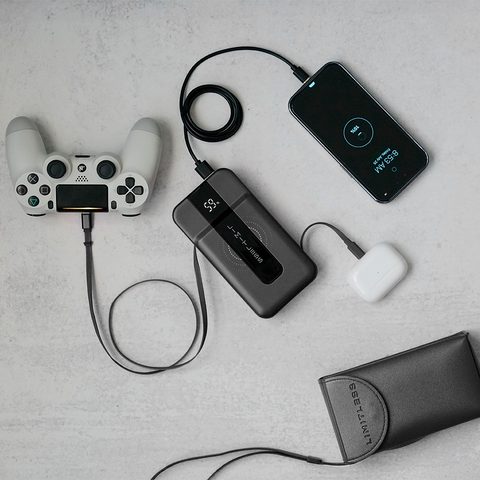 Elite 15,000mAh Power Bank with Wall Plug, Built-In Cables, Digital Display & Wireless Charging