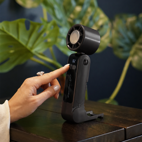 Handheld Rechargeable Fan with Cooling Plate, Digital Display, Flashlight & Phone Holder