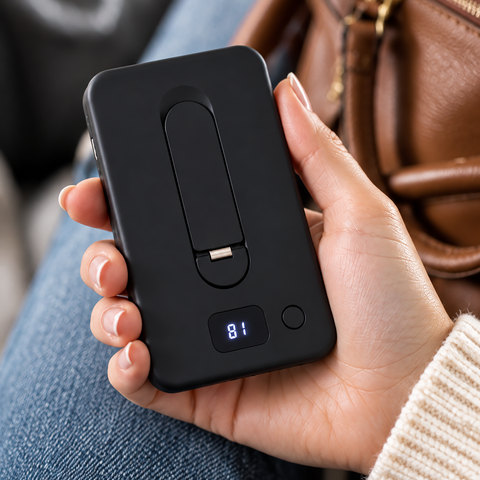 Ultra Slim 5,000mAh Magnetic Wireless Power Bank with Built-In USB-C Cable, Lightning® Adapter, 360° Kickstand & Digital Display