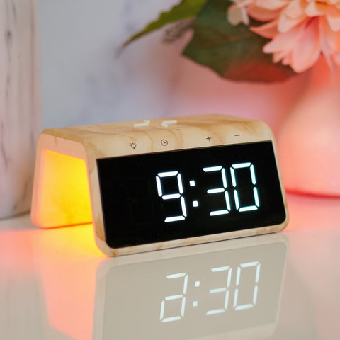 PowerTrio Dual-Mode Digital Alarm Clock with Wireless Charger and 9-Mode LED Light