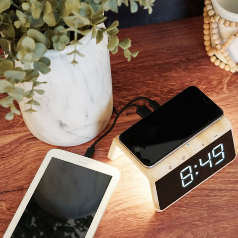 PowerTrio Dual-Mode Digital Alarm Clock with Wireless Charger and 9-Mode LED Light