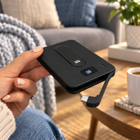 Ultra Slim 5,000mAh Magnetic Wireless Power Bank with Built-In USB-C Cable, Lightning® Adapter, 360° Kickstand & Digital Display