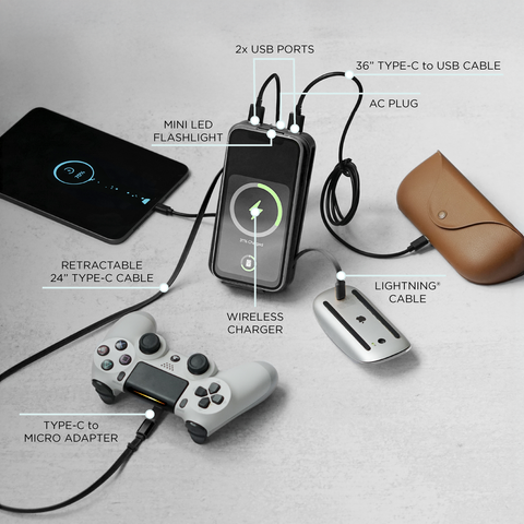 Elite 15,000mAh Power Bank with Wall Plug, Built-In Cables, Digital Display & Wireless Charging
