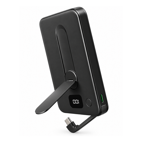 Ultra Slim 5,000mAh Magnetic Wireless Power Bank with Built-In USB-C Cable, Lightning® Adapter, 360° Kickstand & Digital Display
