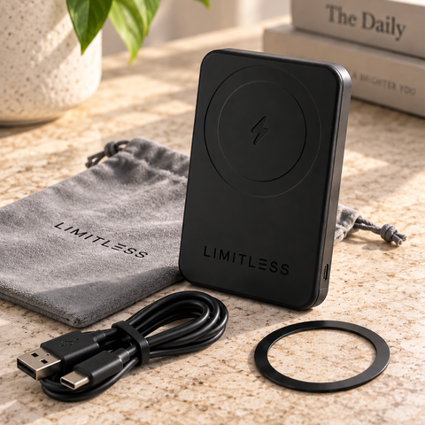 Ultra Slim 5,000mAh Magnetic Wireless Power Bank with Built-In USB-C Cable, Lightning® Adapter, 360° Kickstand & Digital Display